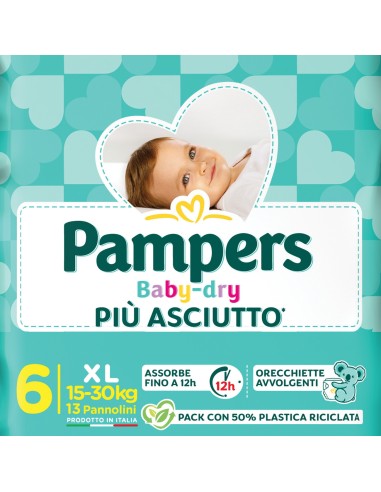 pampers pannolini baby-dry - taglia 6 extra large xl 15-30kg - 13 pezzi: tuttocasashop.live: igiene e cura della persona