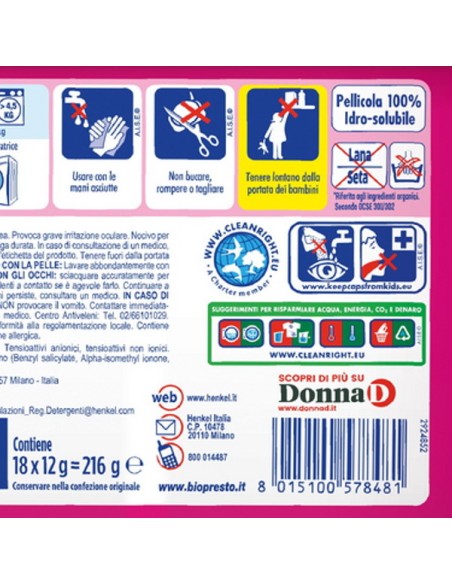 bio presto power caps detersivo lavatrice - 18 capsule - color: tuttocasashop.live: prodotti per bucato e tessuti