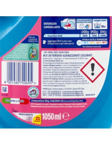 ace detersivo lavatrice liquido - 21 lavaggi - 1050ml - colore: tuttocasashop.live: prodotti per bucato e tessuti