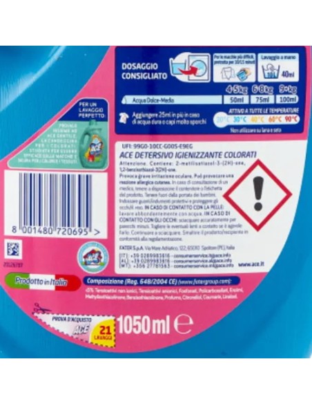 ace detersivo lavatrice liquido - 21 lavaggi - 1050ml - colore: tuttocasashop.live: prodotti per bucato e tessuti