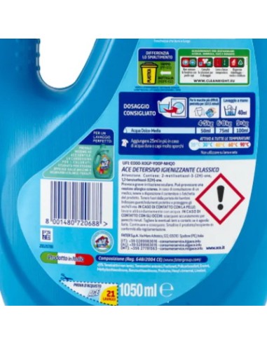 ace detersivo lavatrice liquido - 21 lavaggi - 1050ml - classico: tuttocasashop.live: prodotti per bucato e tessuti