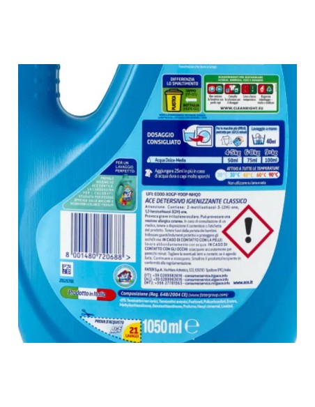 ace detersivo lavatrice liquido - 21 lavaggi - 1050ml - classico: tuttocasashop.live: prodotti per bucato e tessuti
