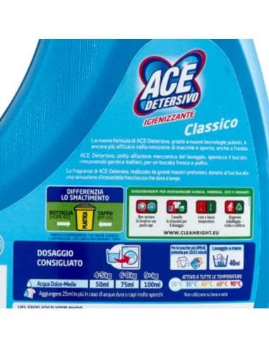 ace detersivo lavatrice liquido - 27 lavaggi - 1350ml - classico: tuttocasashop.live: prodotti per bucato e tessuti