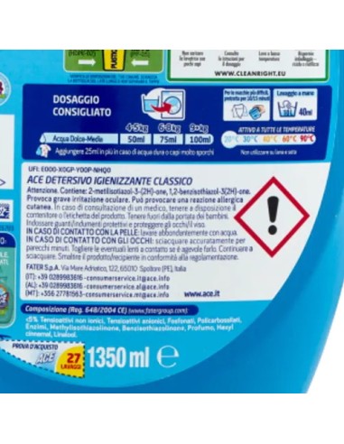 ace detersivo lavatrice liquido - 27 lavaggi - 1350ml - classico: tuttocasashop.live: prodotti per bucato e tessuti