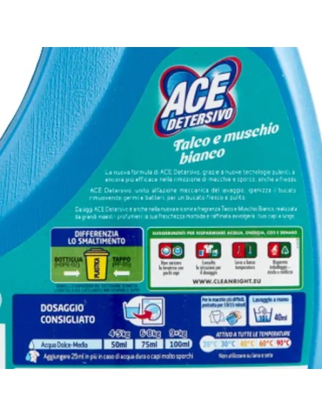 ace detersivo lavatrice liquido - 27 lavaggi - 1350ml - talco e muschio b.: tuttocasashop.live: prodotti per bucato e tessuti