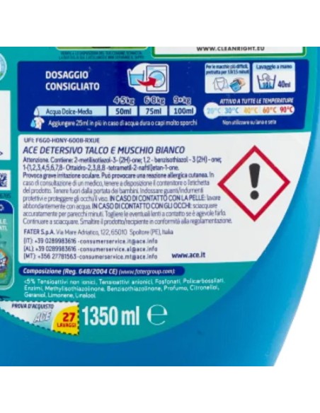 ace detersivo lavatrice liquido - 27 lavaggi - 1350ml - talco e muschio b.: tuttocasashop.live: prodotti per bucato e tessuti