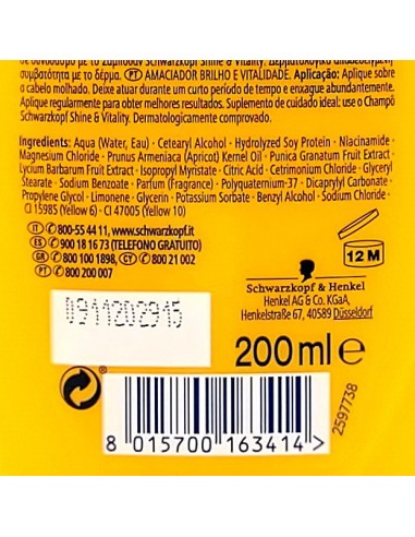 schwarzkopf testanera balsamo 200ml - lucentezza & vitalita' capelli normali: tuttocasashop.live: igiene e cura della persona