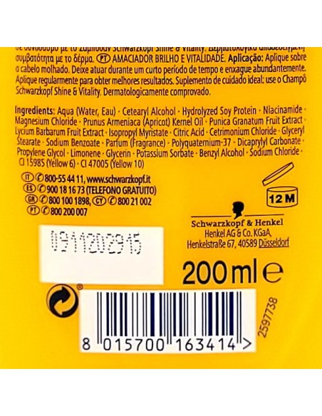 schwarzkopf testanera balsamo 200ml - lucentezza & vitalita' capelli normali: tuttocasashop.live: igiene e cura della persona
