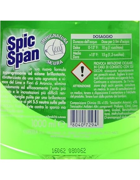 spic&span detersivo per piatti 1l - lime e fiori d'arancio: tuttocasashop.live: pulizia e cura della casa