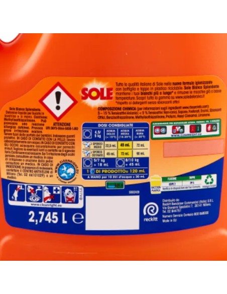 sole deterivo lavatrice liquido 61 lavaggi - 2745ml - bianco splendente: tuttocasashop.live: prodotti per bucato e tessuti