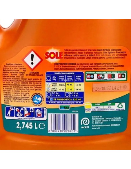 sole deterivo lavatrice liquido 61 lavaggi - 2745ml - igiene e freschezza: tuttocasashop.live: prodotti per bucato e tessuti