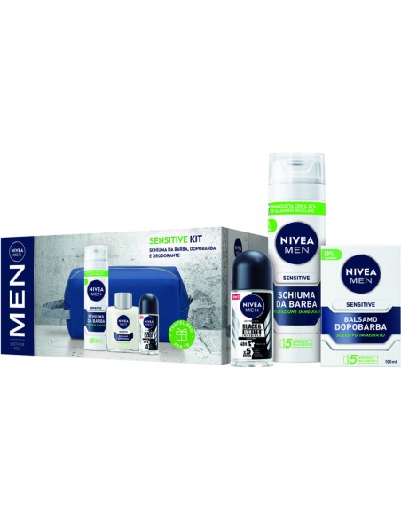 nivea men sensitive: schiuma da barba + after shave + deo roll-on + borsello: tuttocasashop.live: igiene e cura della persona