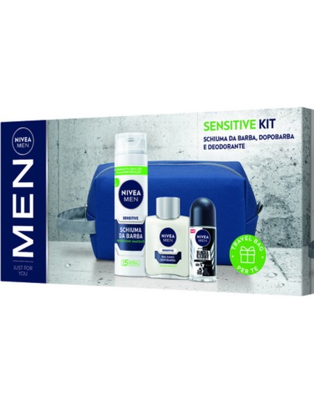 nivea men sensitive: schiuma da barba + after shave + deo roll-on + borsello: tuttocasashop.live: igiene e cura della persona