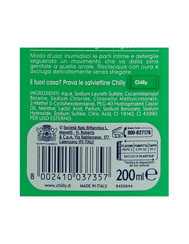 chilly detergente intimo 200ml - gel freschezza naturale a lungo - antiodor: tuttocasashop.live: igiene e cura della persona