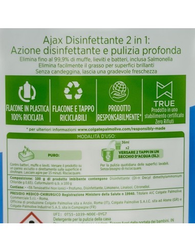 ajax pavimenti detergente liquido - 1250ml - disinfettante: tuttocasashop.live: pulizia e cura della casa