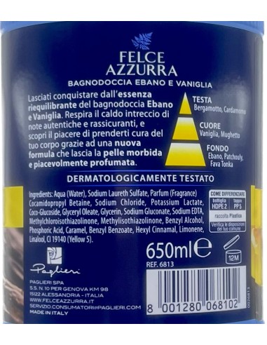 felce azzurra bagnoschiuma 650ml - ebano e vaniglia - riequilibrante: tuttocasashop.live: igiene e cura della persona
