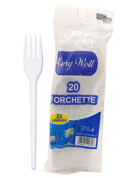 very well 20 forchette riutilizzabili in plastica 17cm - bianche: tuttocasashop.live: carta & monouso
