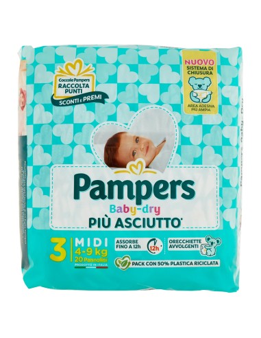 pampers pannolini baby-dry - taglia 3 midi 4-9kg - 20 pezzi: tuttocasashop.live: igiene e cura della persona