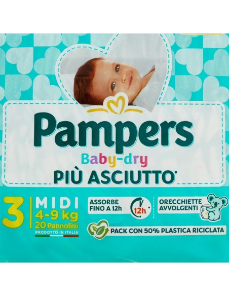pampers pannolini baby-dry - taglia 3 midi 4-9kg - 20 pezzi: tuttocasashop.live: igiene e cura della persona