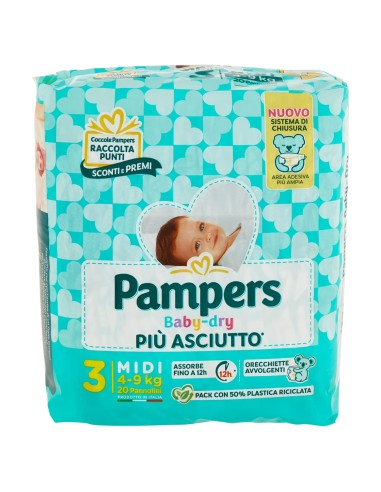 pampers pannolini baby-dry - taglia 3 midi 4-9kg - 20 pezzi: tuttocasashop.live: igiene e cura della persona