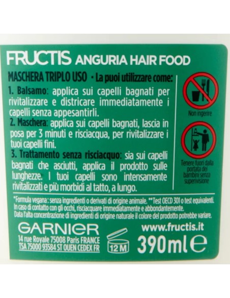 fructis hair food maschera capelli 390ml - anguria - rivitalizzante: tuttocasashop.live: igiene e cura della persona