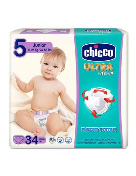 chicco pannolini ultra fit&fun taglia 5 junior 12-25kg - 34 pezzi: tuttocasashop.live: igiene e cura della persona