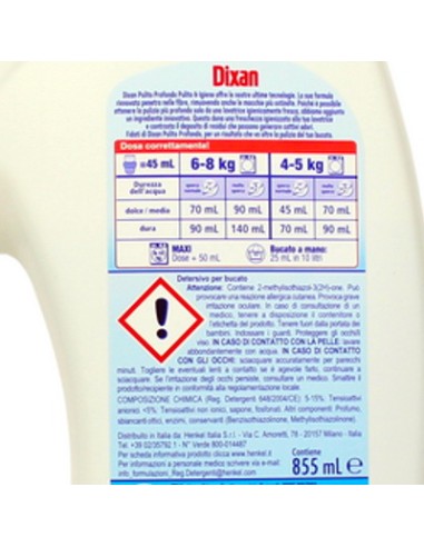 dixan detersivo lavatrice liquido 19 lavaggi - 855ml - pulito & igiene: tuttocasashop.live: prodotti per bucato e tessuti