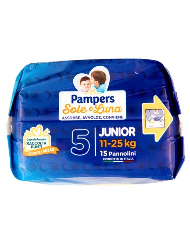 pampers sole e luna pannolini - taglia 5 junior 11-25kg - 15 pezzi: tuttocasashop.live: igiene e cura della persona