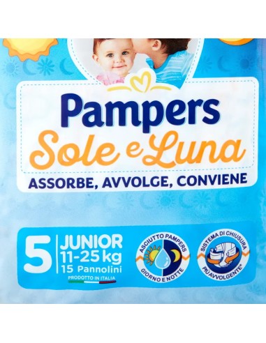 pampers sole e luna pannolini - taglia 5 junior 11-25kg - 15 pezzi: tuttocasashop.live: igiene e cura della persona