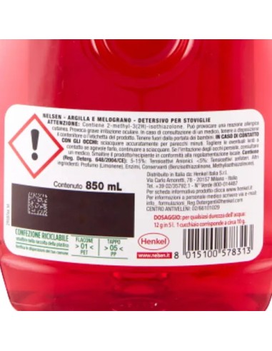 nelsen detersivo per piatti - 850ml - argilla e melograno: tuttocasashop.live: pulizia e cura della casa