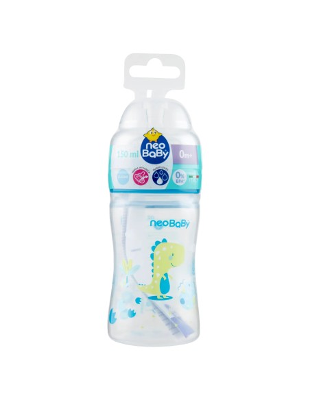 neobaby biberon in plastica collo largo - 150ml - 0m+ - dino blu: tuttocasashop.live: igiene e cura della persona
