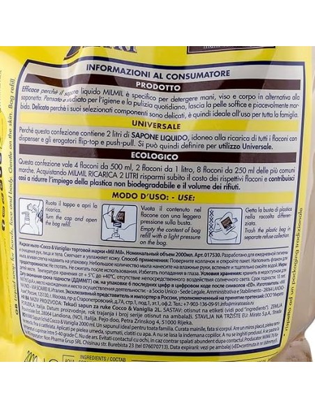 mil mil sapone liquido - ecoricarica - 2 litri - cocco: tuttocasashop.live: igiene e cura della persona
