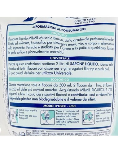 mil mil sapone liquido - ecoricarica - 2 litri - muschio bianco: tuttocasashop.live: igiene e cura della persona