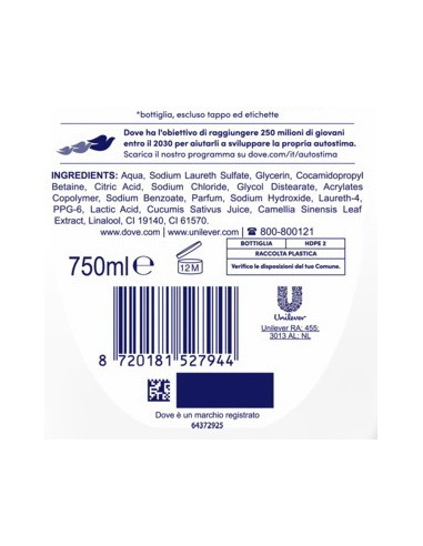 dove bagnodoccia - 750ml - rinfrescante - con cetriolo e te' verde: tuttocasashop.live: igiene e cura della persona