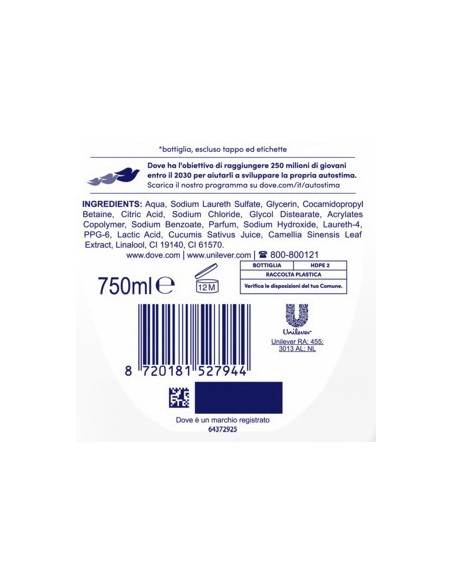 dove bagnodoccia - 750ml - rinfrescante - con cetriolo e te' verde: tuttocasashop.live: igiene e cura della persona