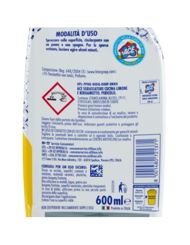 ace sgrassatore cucina spray 600ml - senza candeggina - zero aloni: tuttocasashop.live: pulizia e cura della casa