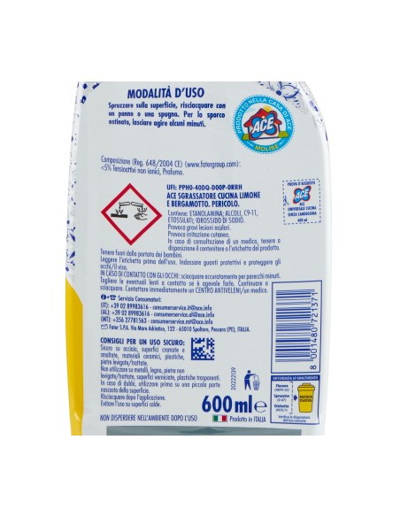 ace sgrassatore cucina spray 600ml - senza candeggina - zero aloni: tuttocasashop.live: pulizia e cura della casa