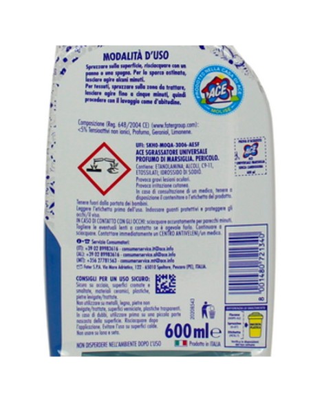 ace sgrassatore universale spray 600ml - senza candeggina - marsiglia: tuttocasashop.live: pulizia e cura della casa