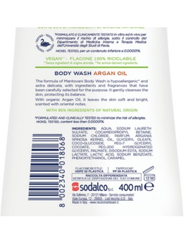 mantovani bagnoschiuma 400ml - neutro - olio di argan: tuttocasashop.live: igiene e cura della persona