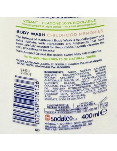 mantovani bagnoschiuma 400ml - neutro ultradelicato - ricordi d'infanzia: tuttocasashop.live: igiene e cura della persona
