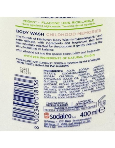 mantovani bagnoschiuma 400ml - neutro ultradelicato - ricordi d'infanzia: tuttocasashop.live: igiene e cura della persona