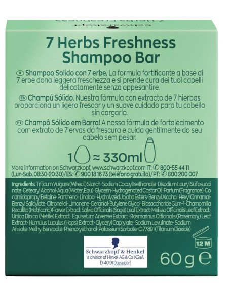 schwarzkopf shampoo solido - 60g - con estratti delle 7 erbe - freshness: tuttocasashop.live: igiene e cura della persona