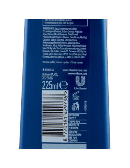 clear shampoo antiforfora 225ml - anti sebo - per capelli e cute grassa: tuttocasashop.live: igiene e cura della persona