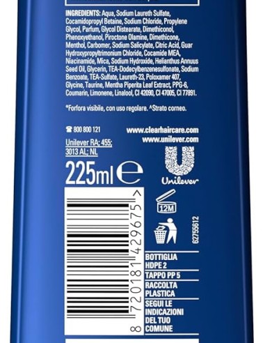 clear shampoo antiforfora 225ml - extra freschezza 24h: tuttocasashop.live: igiene e cura della persona