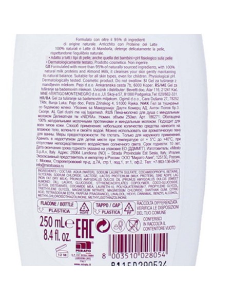 nidra docciaschiuma 250ml - doccia latte - delicato - con latte di mandorla: tuttocasashop.live: igiene e cura della persona