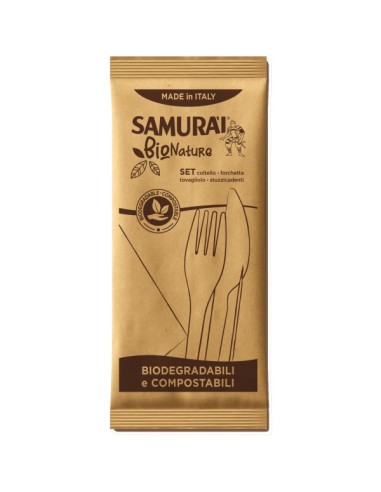 samurai bio nature set forchetta + coltello + tovagliolo + stuzzicadenti: tuttocasashop.live: carta & monouso