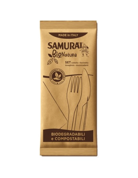 samurai bio nature set forchetta + coltello + tovagliolo + stuzzicadenti: tuttocasashop.live: carta & monouso