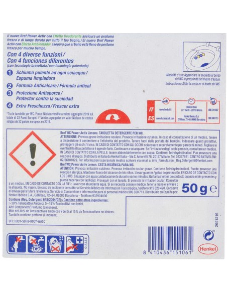 bref wc power activ - tavoletta wc deodorante 4 funzioni - 50g - limone: tuttocasashop.live: pulizia e cura della casa