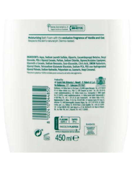 borotalco bagnoschiuma - 450ml - idratante - vaniglia e avena: tuttocasashop.live: igiene e cura della persona