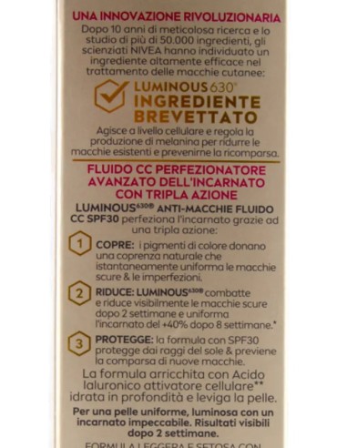 nivea luminous 630 anti-macchie fluido cc spf30 3in1 - 02 medium - 40ml: tuttocasashop.live: igiene e cura della persona